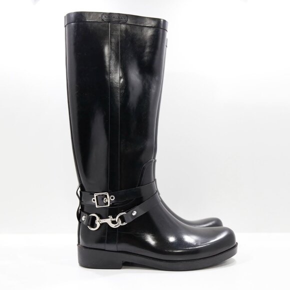 Coach Lori Black Rubber Knee High Waterproof Rain Boots - 9 - Picture 3 of 7